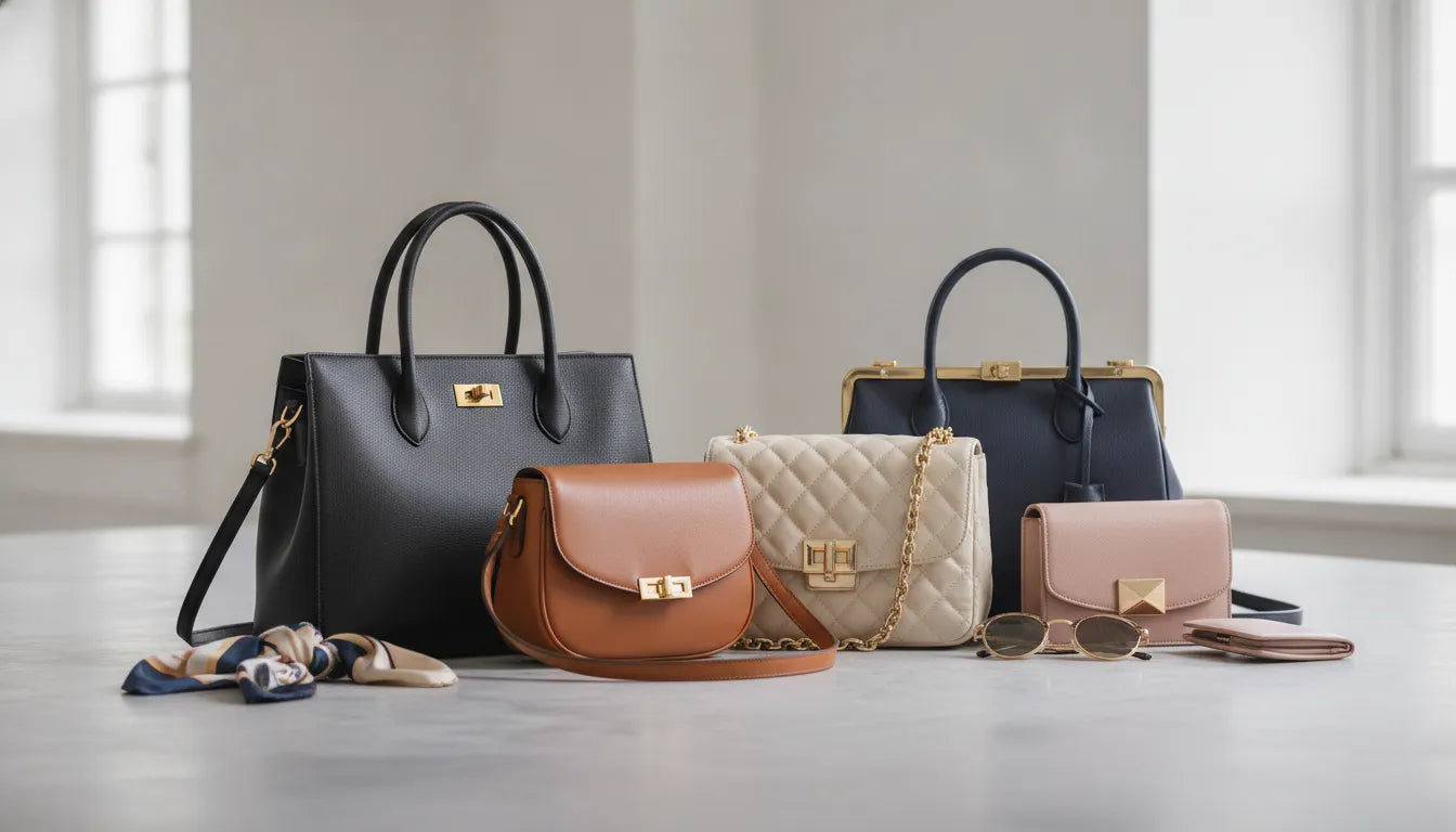 Designer purses in black, tan, cream, navy, and blush arranged on a table.