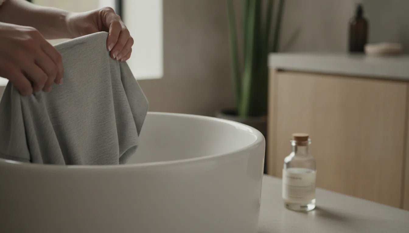 Hands carefully preparing a premium cotton T-shirt for washing