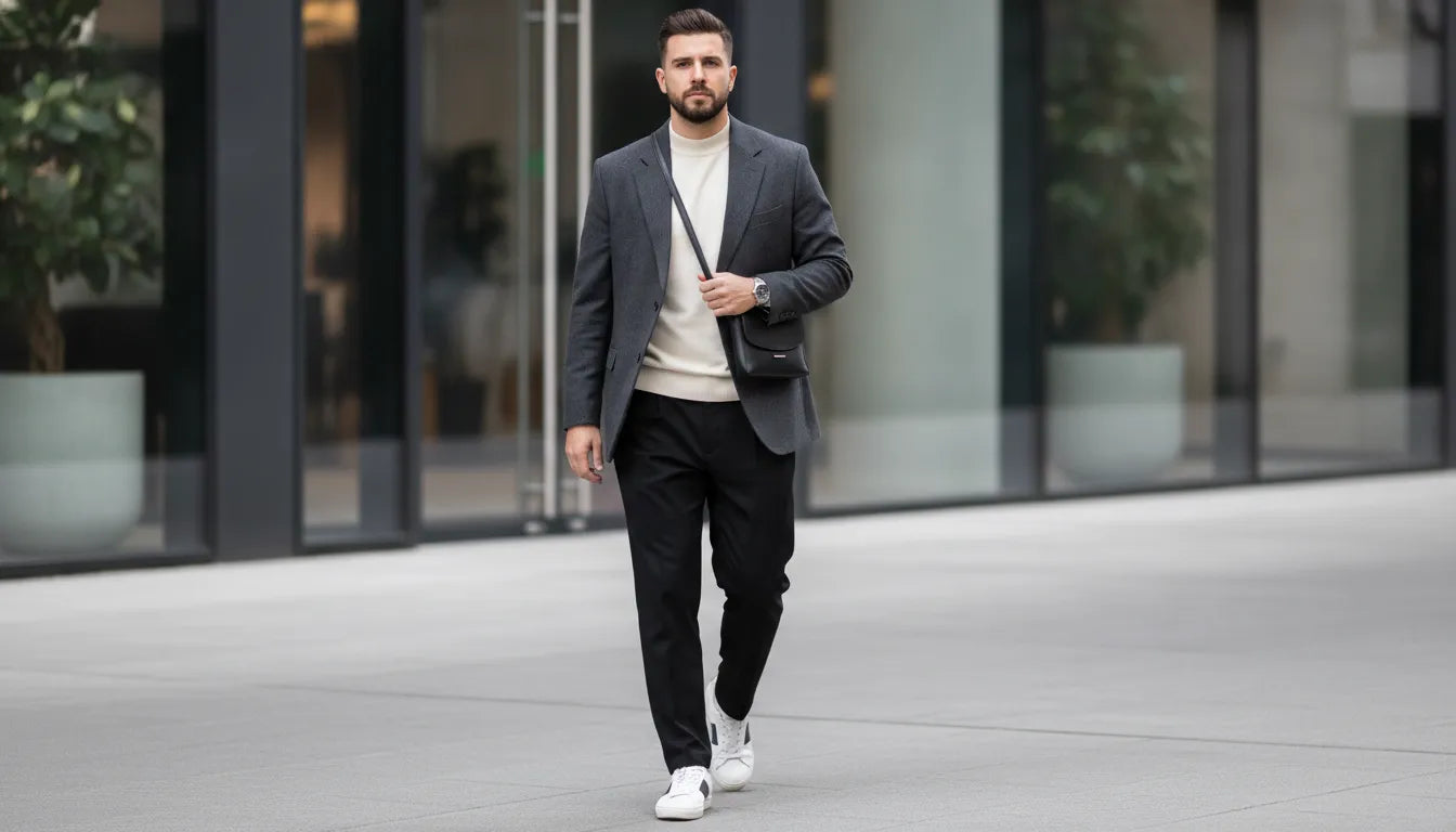 Man wearing modern men's streetwear fashion with a blazer, sweatshirt, trousers and white sneakers.