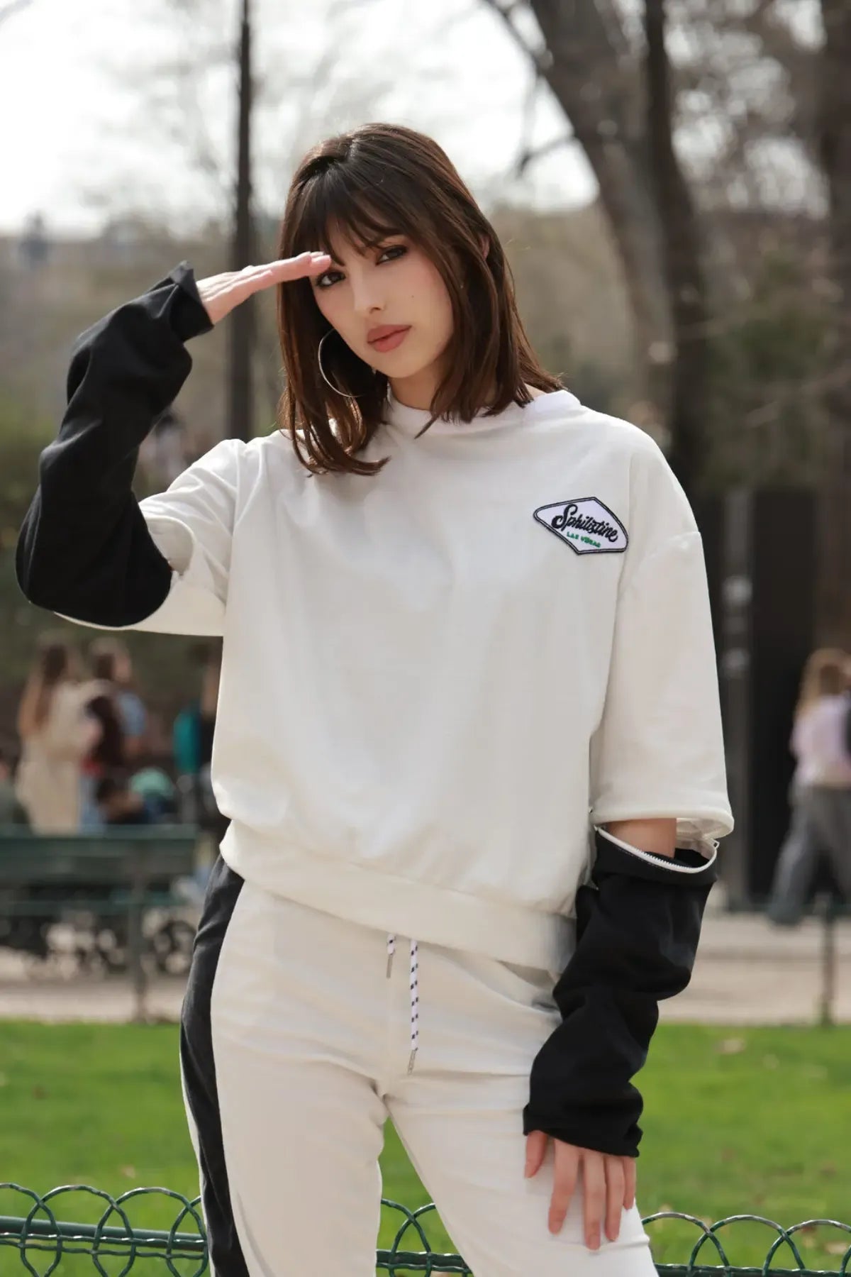 Female model wearing SPHILISTINE apparel in a Paris runway presentation