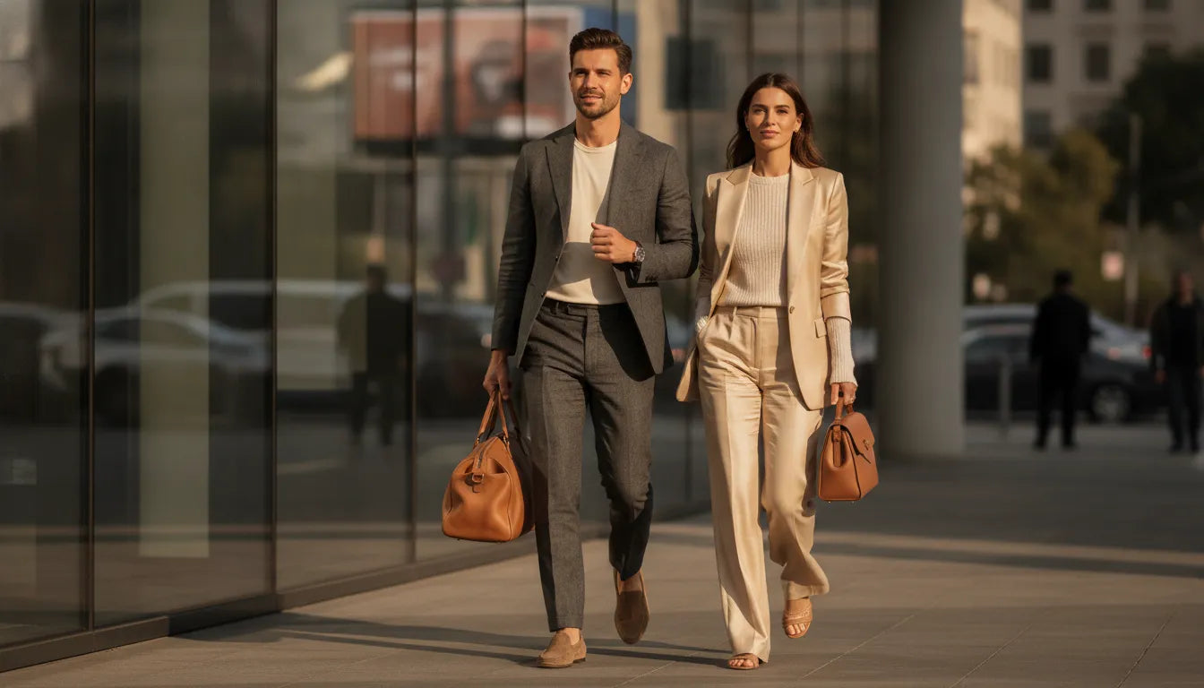 Contemporary man and woman in refined neutral-toned clothing in a modern city