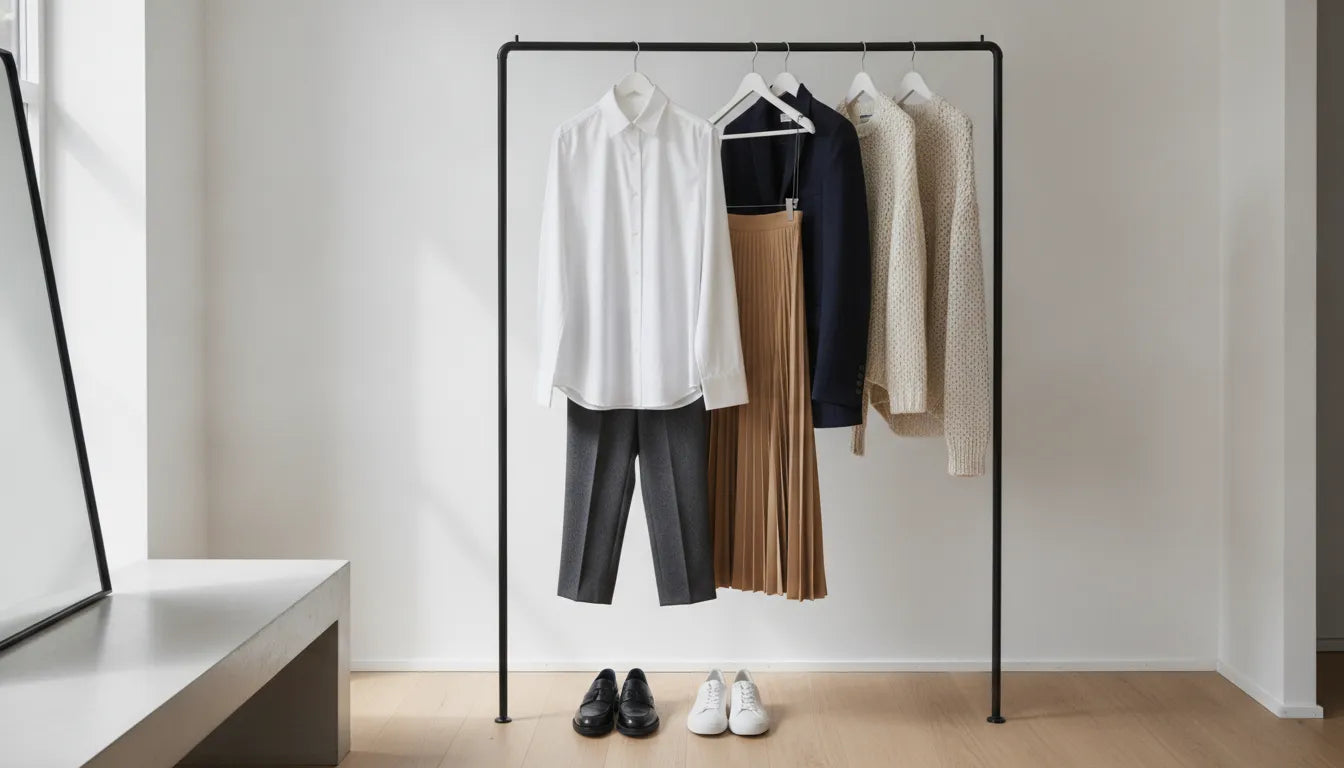 Neutral capsule wardrobe pieces arranged for versatile everyday dressing